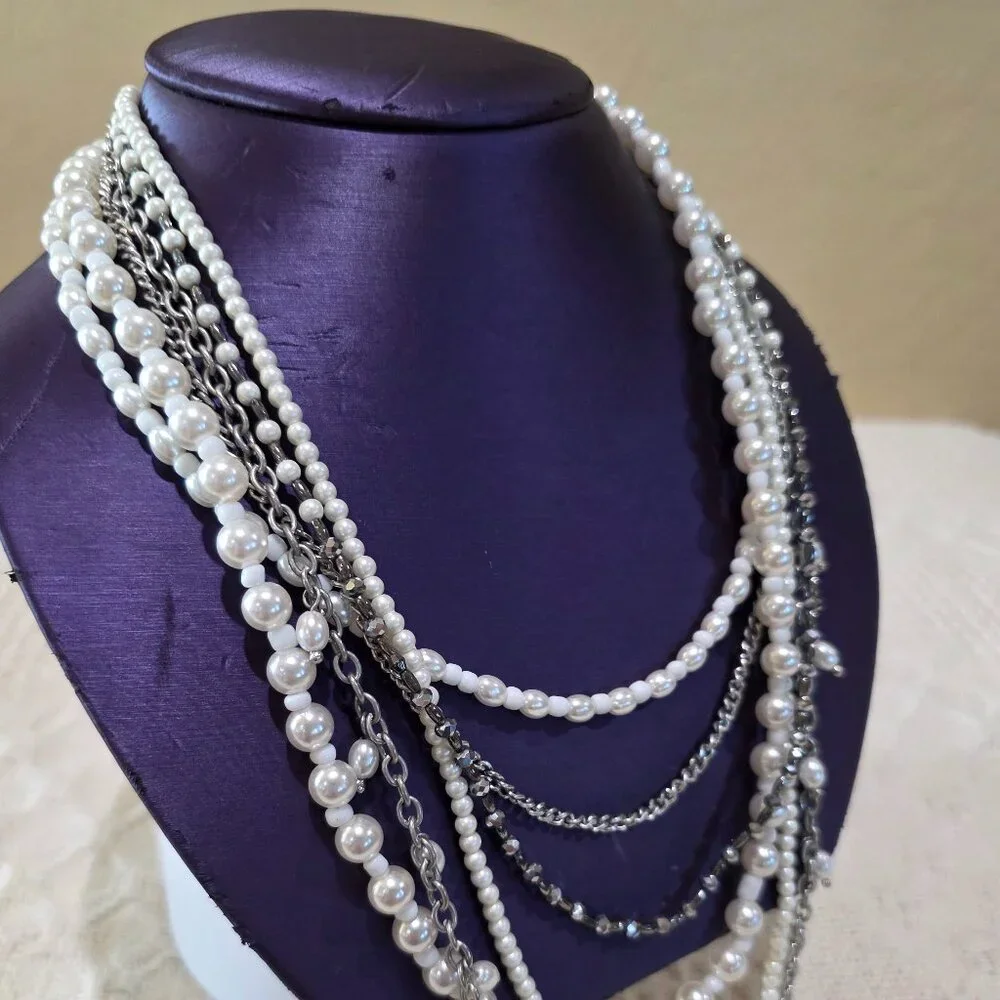 Pearls and Silver Chains Six 6 Strand Layered Vintage Long Elegant Necklace